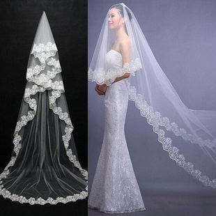 2.6M One Layer Lace Edge White Cathedral Wedding Veil Voile