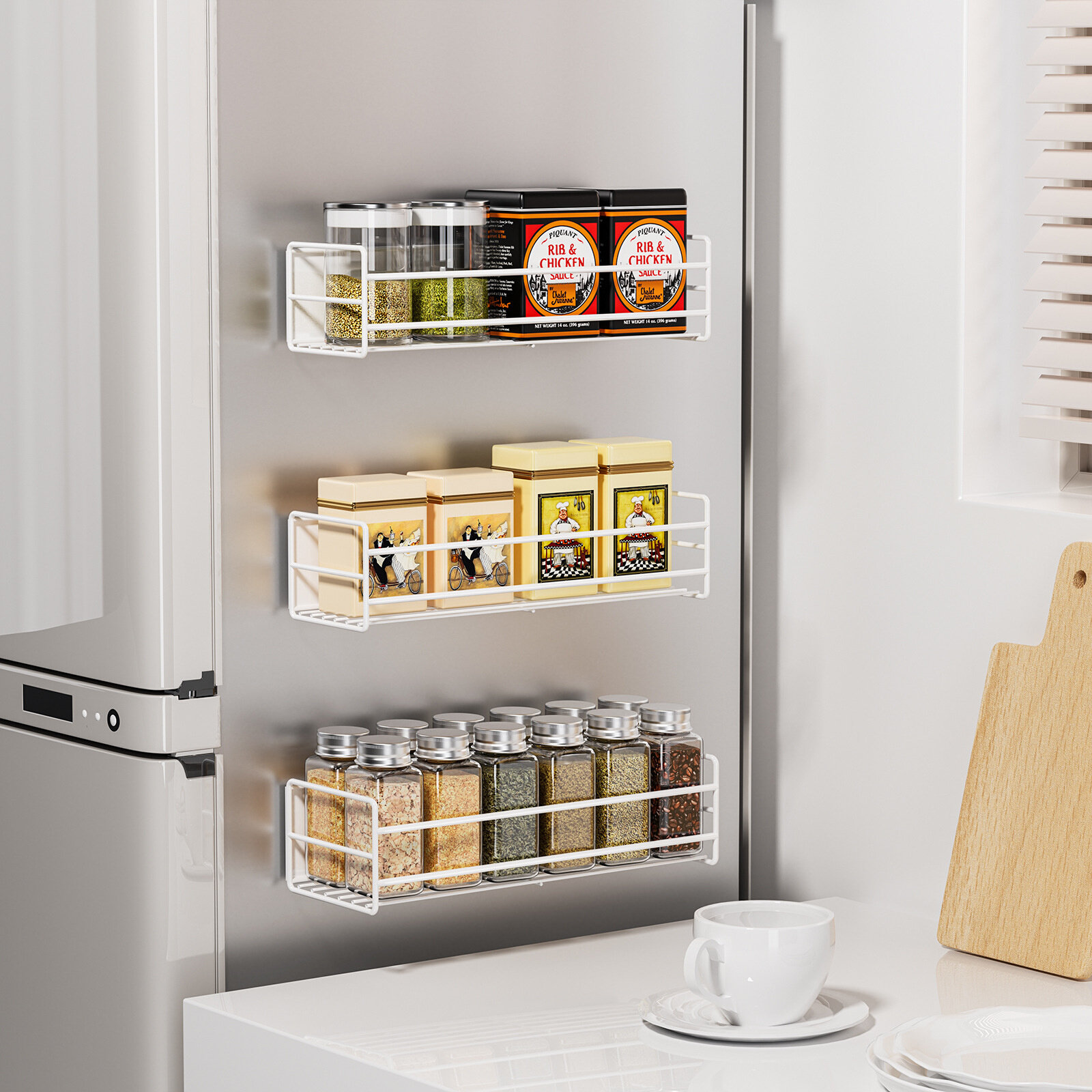 3PCS Magnetic Fridge Shelves Metal White Kitchen Spices