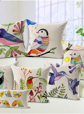 birds decorative pillow Nordic painting linen cushion 45x45