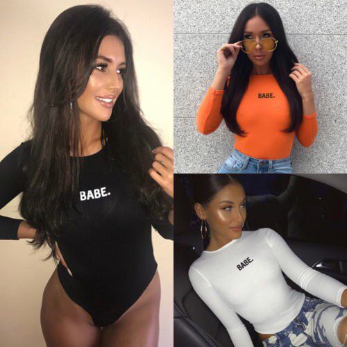 Fashion Sexy Women BABE Letter Long Sleeved Bodysuits Casual