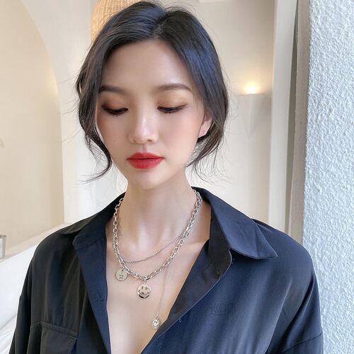 Korean temperament double layer smile face Necklace Pendant