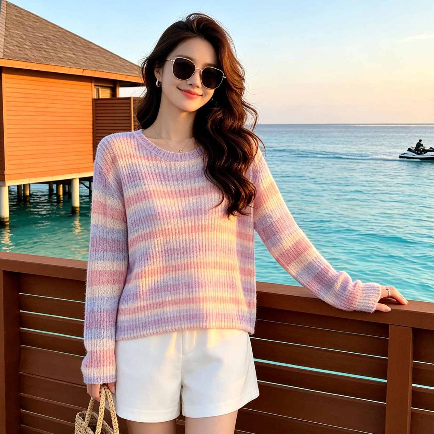 彩虹条纹马海毛针织衫女秋季慵懒风圆领宽松显瘦薄款罩衫度假上衣