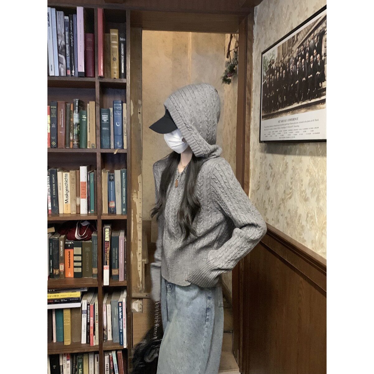 针织开衫女秋冬韩系慵懒拉链毛衣外套收腰短款上衣温柔风麻花连帽