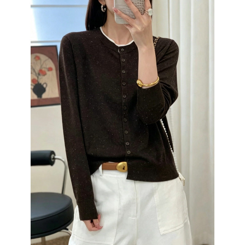 时尚叠穿双圆领点子纱细羊毛针织衫女春秋宽松薄款毛衣打底衫外套