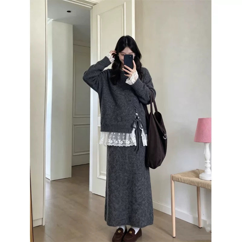 2026女款宽松套装秋冬大码设计感蕾丝拼接针织毛衣+半身裙两件套