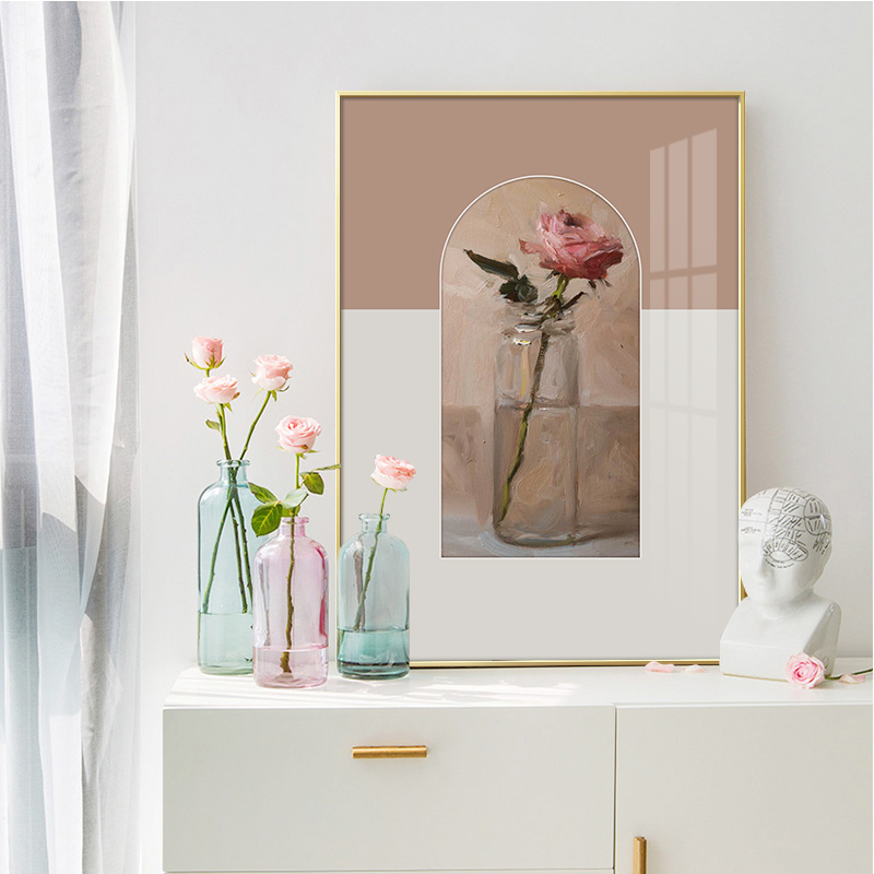 北欧ins风玫瑰花瓶牡丹装饰画少女心粉色客厅挂画小清新床头摆画