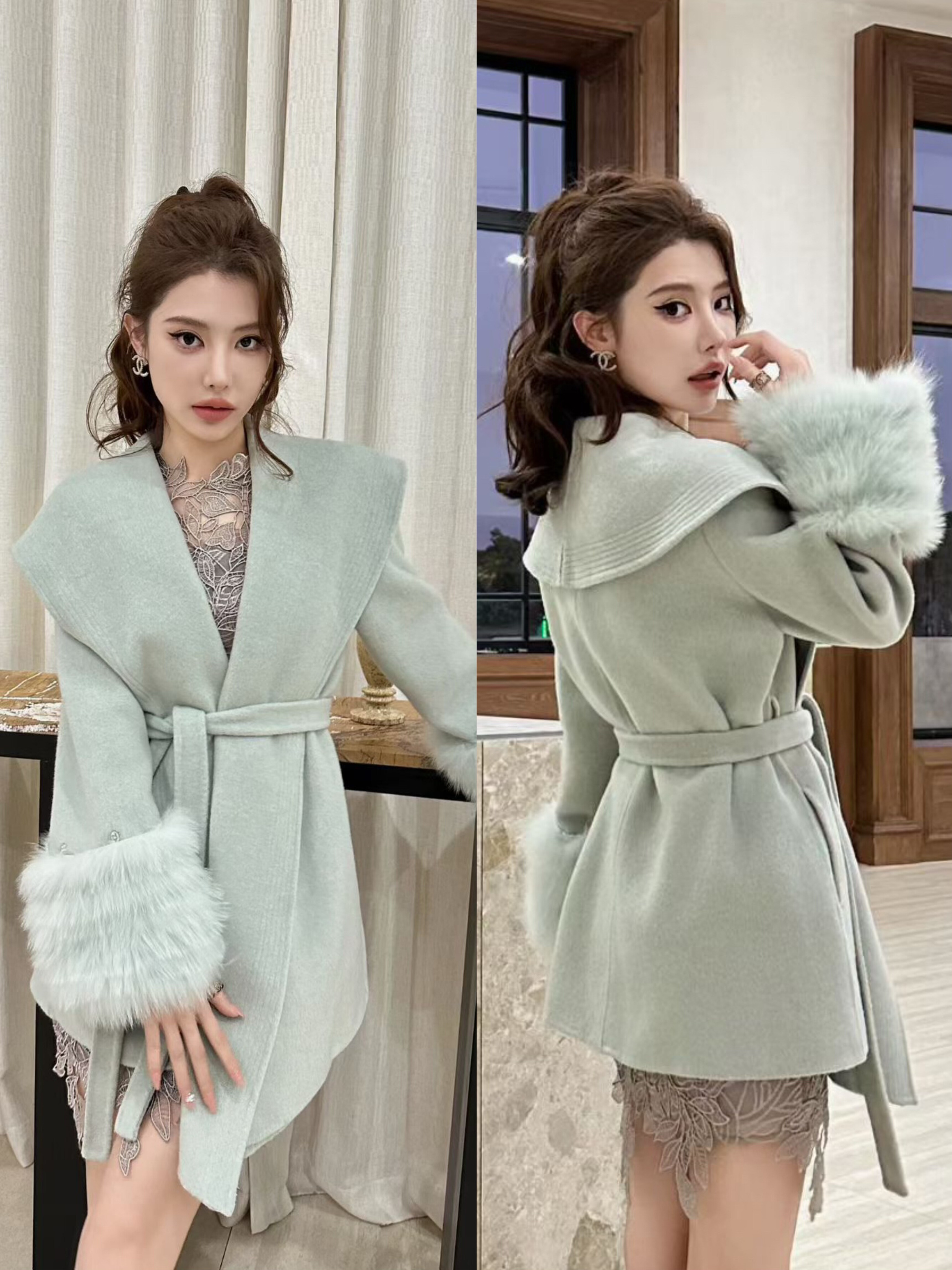 【羊毛大衣】2025冬设计款白色短款羊毛大衣/千金名媛风短款大衣