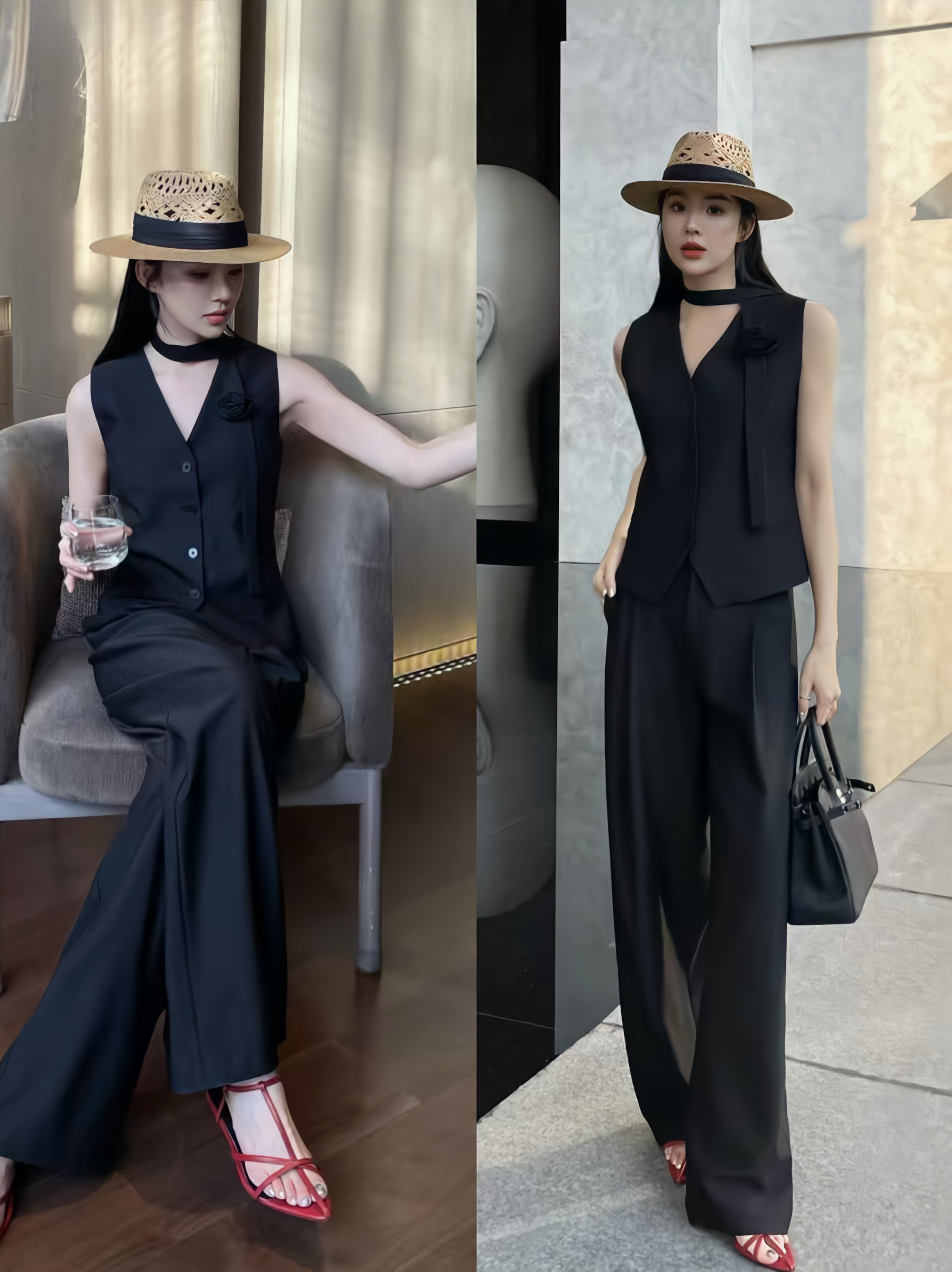 2025春夏款-小众设计黑色西装套装女/显瘦黑色西装马甲+西装裤