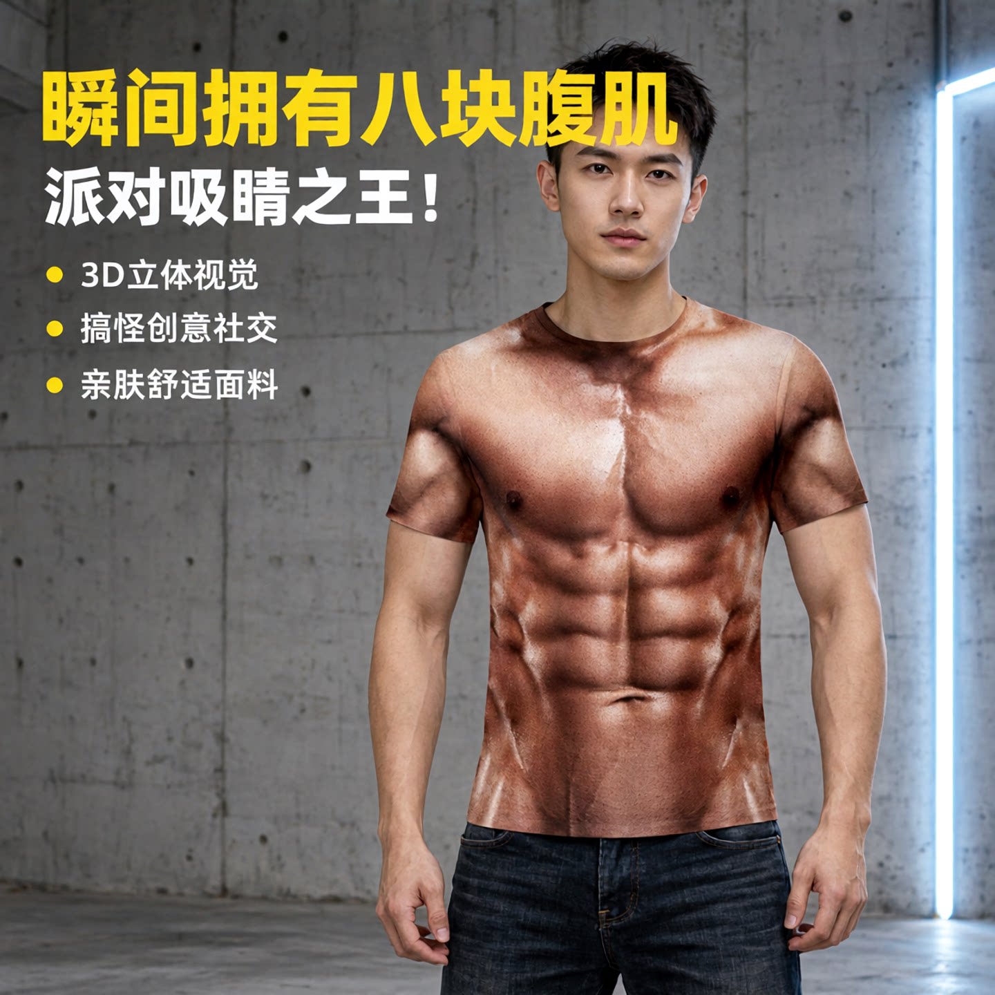 假腹肌肉胸肌外穿八块腹肌印花短袖T恤 奇葩打底衫体恤衣服男cos