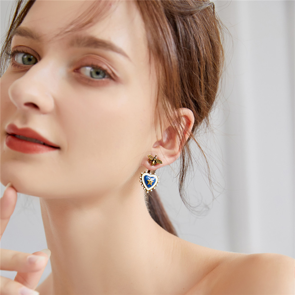 CD蓝色爱心复古蜜蜂耳环