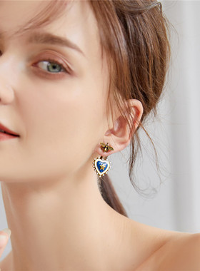 清货款CD蓝色耳钉爱心复古前后款银针轻奢欧美高级感经典D家耳环