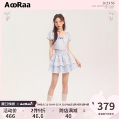 AooRaa【少女时代金泰妍同款】芭蕾风蓝色格子玫瑰泡泡袖女团套装