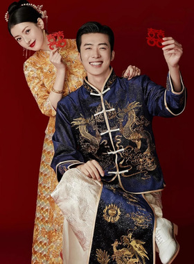 汉服唐装接亲婚服租赁龙凤褂结婚礼服2025新郎迎亲男士蓝色秀禾服