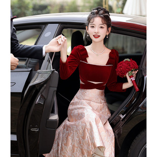 新娘气质敬酒服方领小个子订婚服回门便装礼服秋冬结婚敬茶服租赁