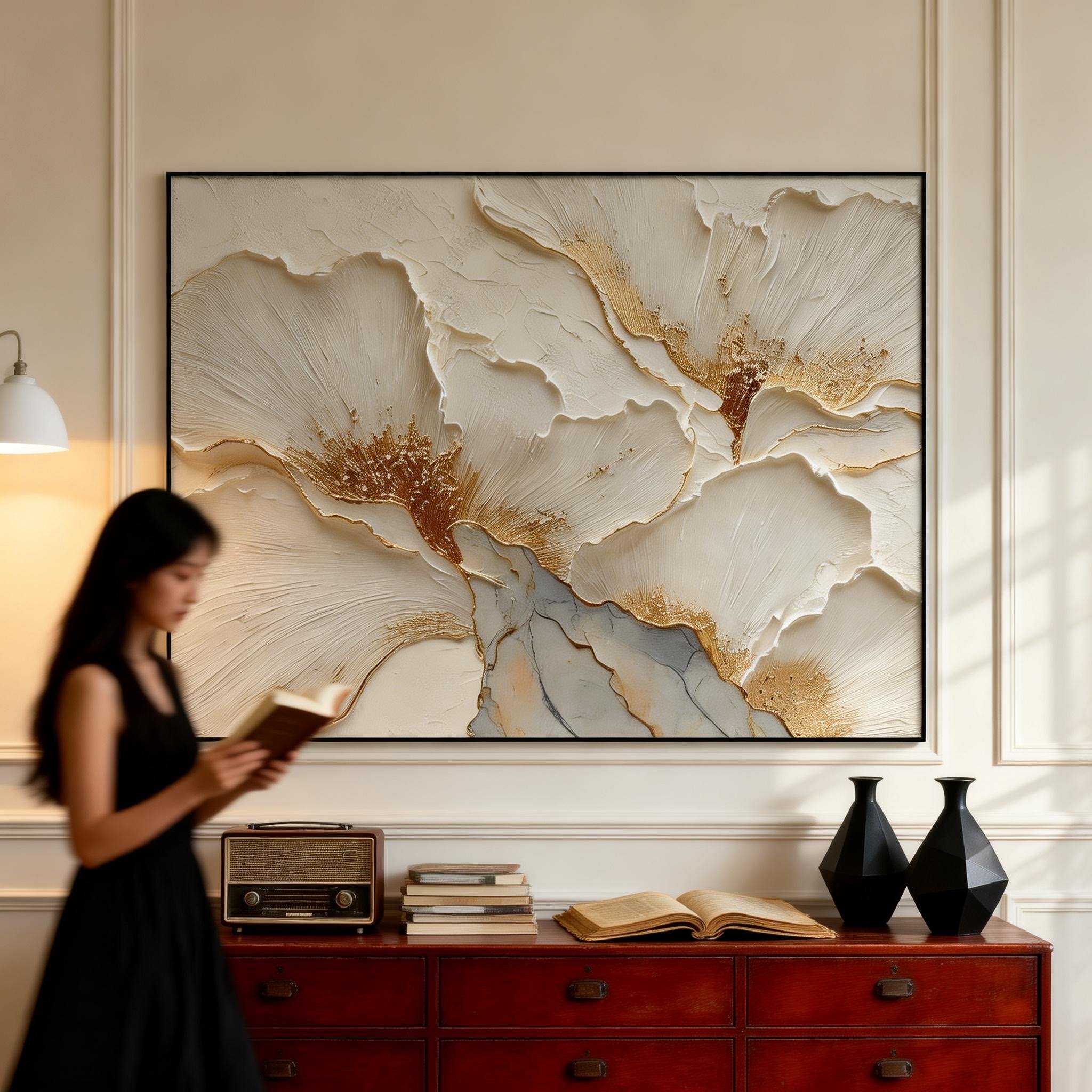 手绘肌理油画金箔花卉客厅背景装饰画现代轻奢风餐厅玄关横幅挂画