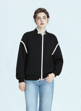 休闲风黑色短款棒球服女宽松拉链夹克外套百搭宽松型长袖运动外套