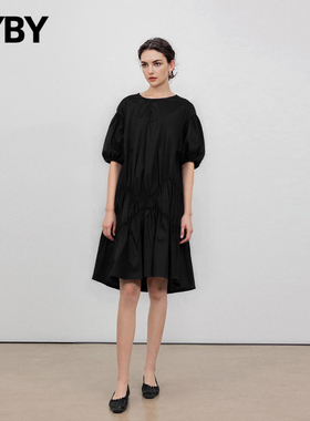 时尚简约百搭休闲泡泡袖连衣裙夏季设计感高腰中长裙高级感内搭裙