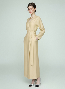 休闲时尚夏季直筒半身裙两件套装女黄色V领宽松长袖衬衫上衣