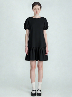 千金感简约风纯色泡泡袖连衣裙女百搭宽松圆领短袖花苞裙小黑裙