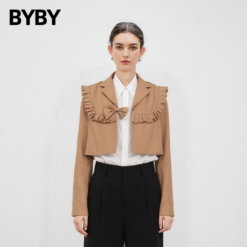 气质简约通勤风荷叶边长袖短外套女翻领宽松小西装轻熟工装风外套,女装/女士精品,短外套,淘宝优惠券,粉丝福利购,淘宝优惠卷