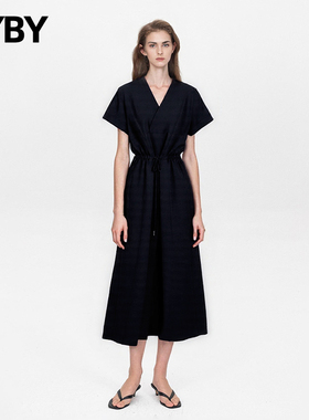 布衣布语法式连衣裙2025夏季新款V领短袖收腰系赫本风带中长款裙