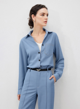 时尚休闲百搭宽松牛仔蓝色衬衫外套女2025早秋新款polo领通勤衬衣