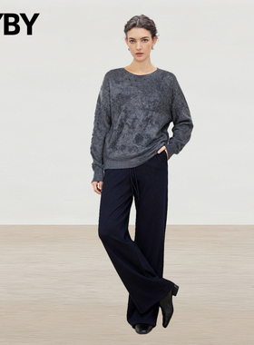 极简风圆领毛衣女宽松长袖针织衫慵懒风灰色常规款直筒型套头上衣