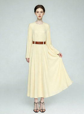秋季新款高端时尚轻盈柔软日系复古宽松纯色长袖 A字显瘦连衣裙女