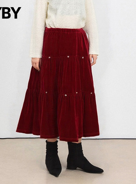 简约气质百搭舒适千金风红色丝绒女高腰半身裙抽褶中长裙百搭伞裙