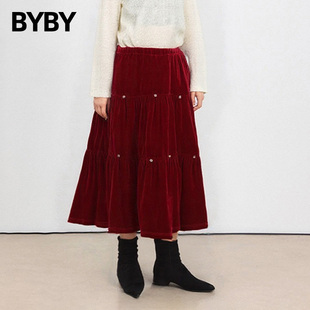简约气质百搭舒适千金风红色丝绒女高腰半身裙抽褶中长裙百搭伞裙
