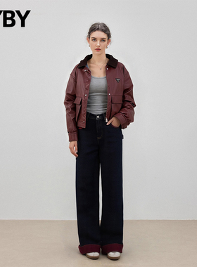 布衣布语撞色窄版牛仔裤女2025秋季新款高腰显瘦直筒裤蓝色长裤潮