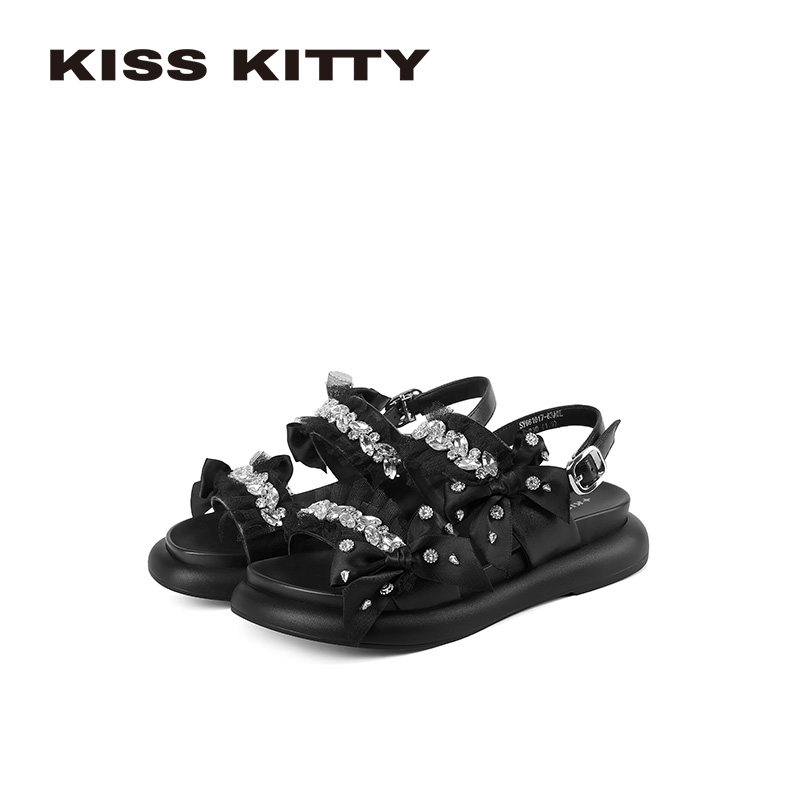 KISS KITTY夏季米色露趾凉鞋千金风水钻蝴蝶结一字带凉鞋网纱厚底