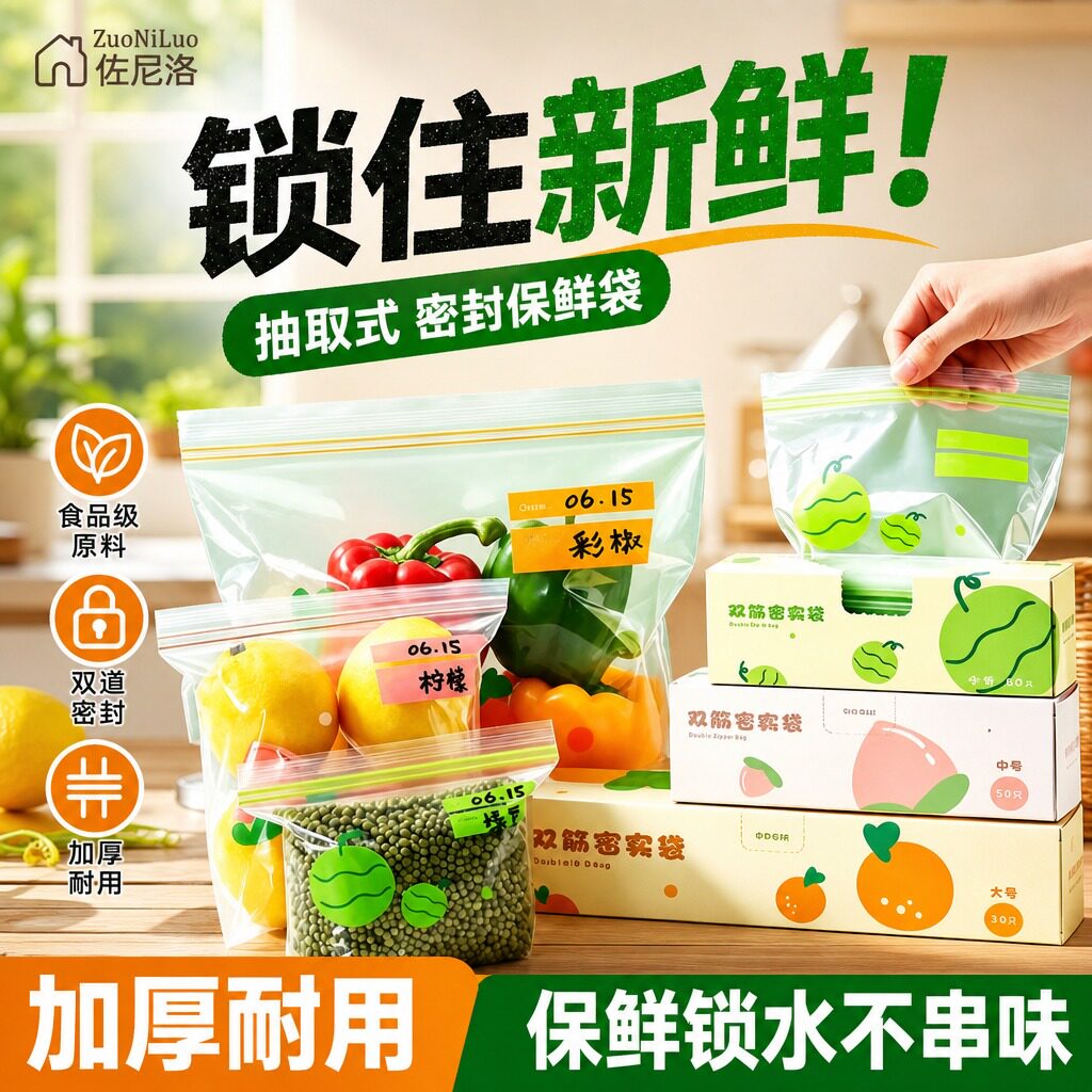日本食品级保鲜密封袋冰箱专用级收纳冷冻自封袋带封口塑封袋分袋