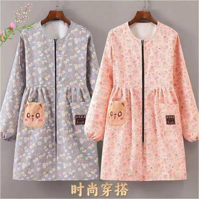 韩版长袖拉链帆布围裙女厨房做饭罩衣透气防油餐饮工作服大人围腰