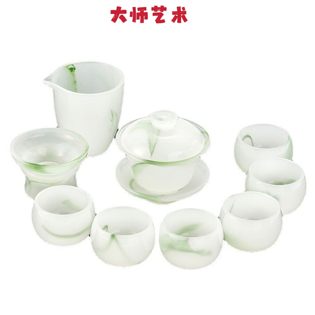 大师艺术高端古法琉璃白玉翡翠功夫茶具家用水墨风泡茶盖碗高档