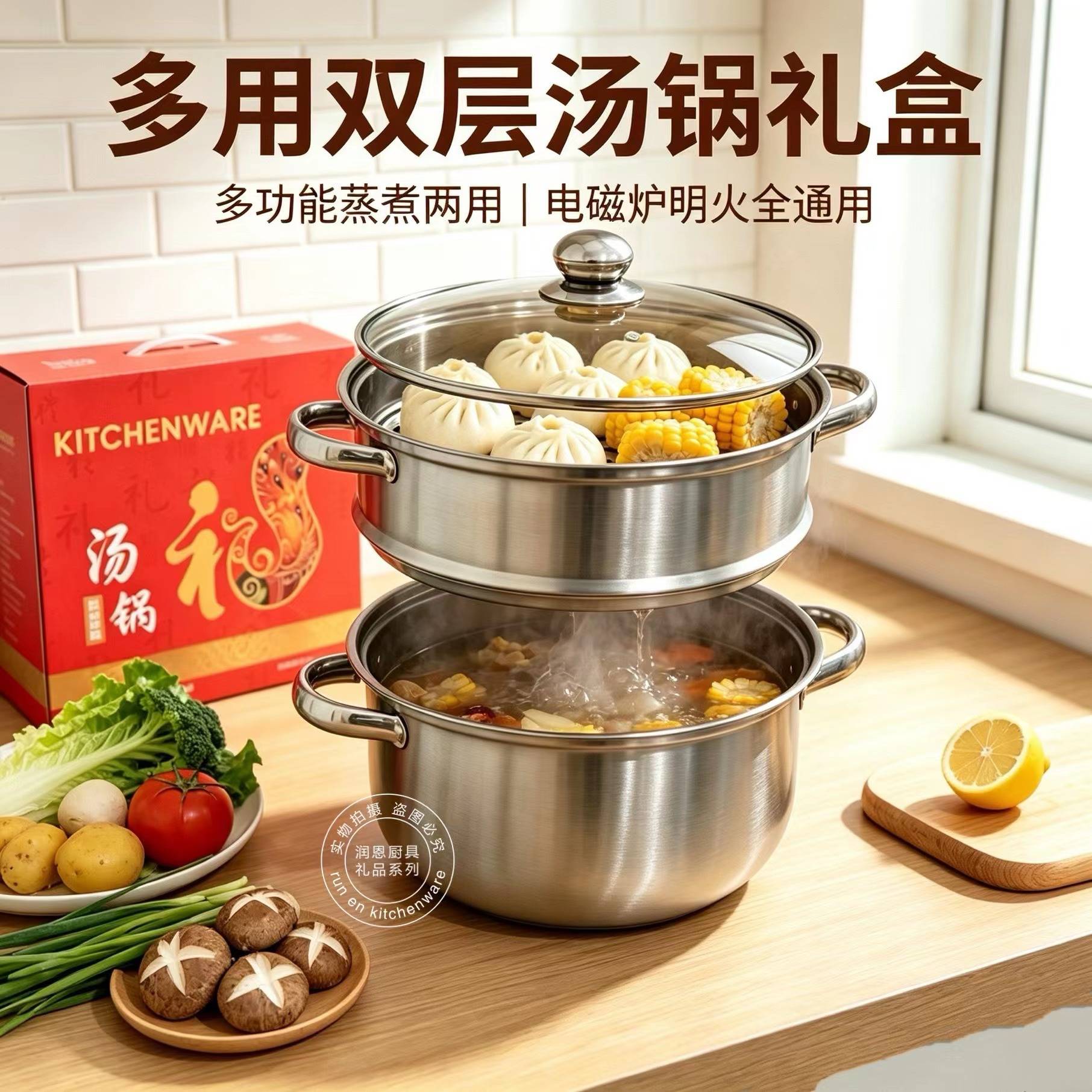 双层汤锅不锈钢家用汤蒸锅24CM蒸煮锅商用大容量厨房炖汤多用礼品