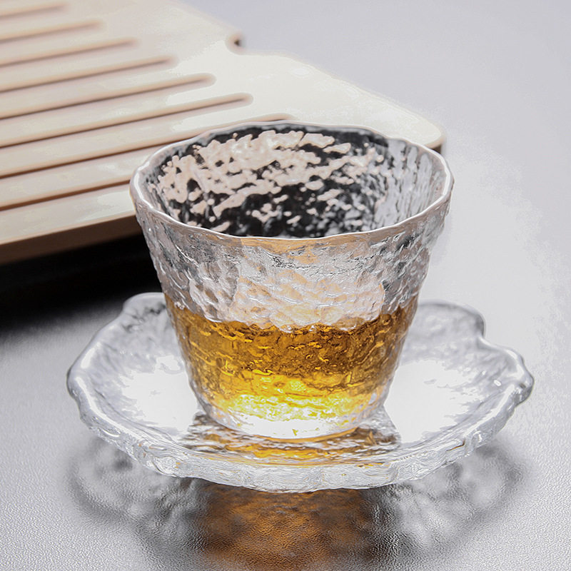 日式冰露金边茶具家用水晶玻璃透明功夫茶杯子加厚茶杯垫奶茶杯
