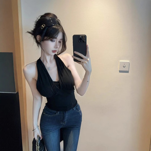 黑色辣妹镂空露背镶钻设计吊带背心女纯欲带胸垫无袖修身绑带