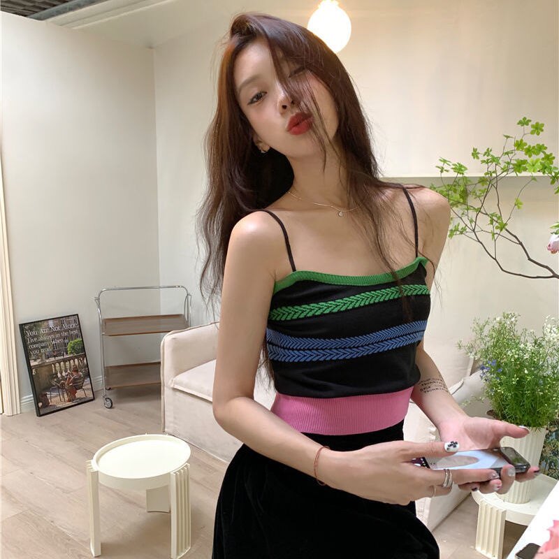 编织复古彩色条纹短款小背心吊带