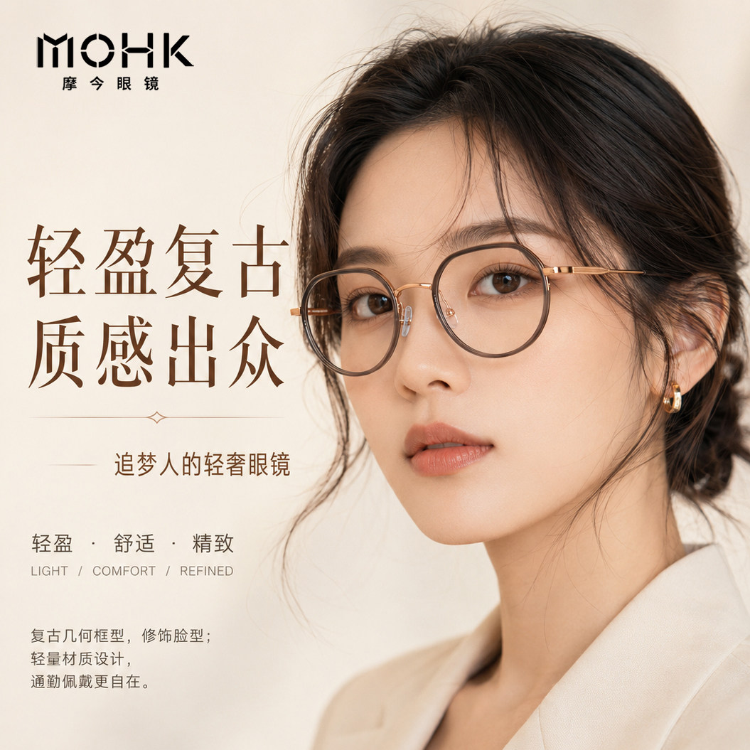 MOHK摩今MK1042男女同款复古几何多边形眼镜框轻盈钛金属商务通勤