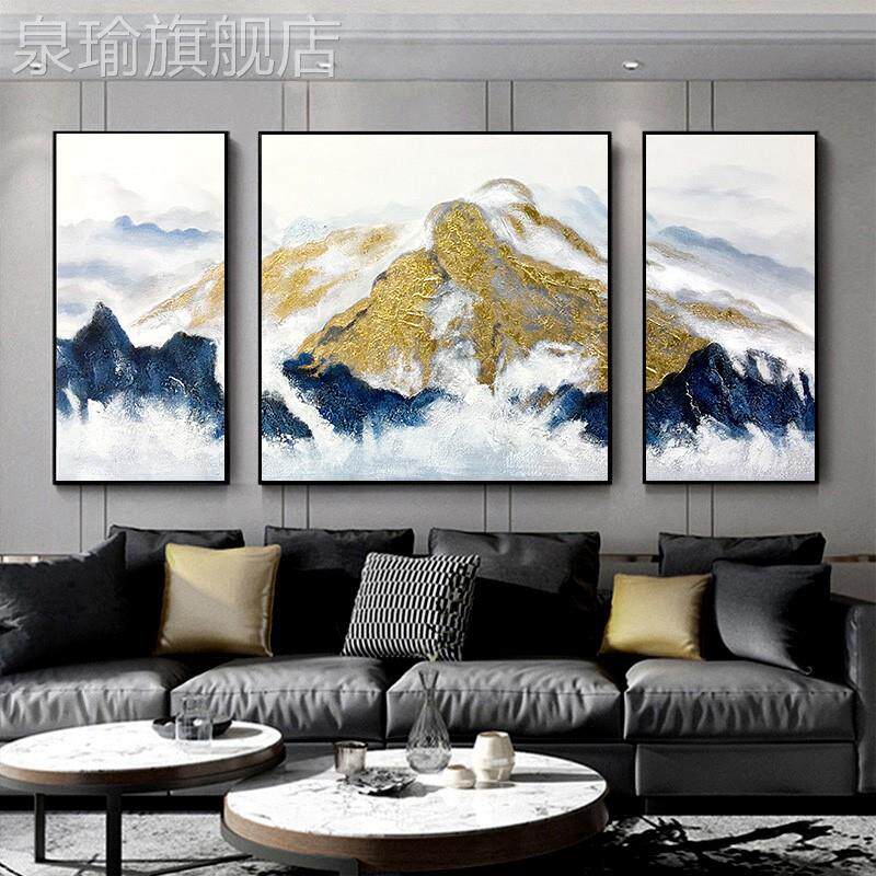 网红手客绘油画背靠山金沙发背装饰画新中式墙山水画厅挂画现代景