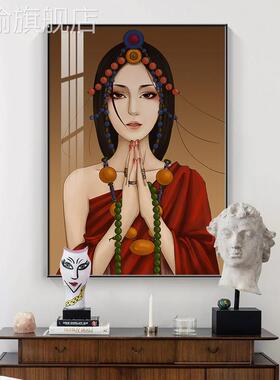 网红网红西藏少入户玄关现女代装饰画藏族美女油画走人廊过道女孩