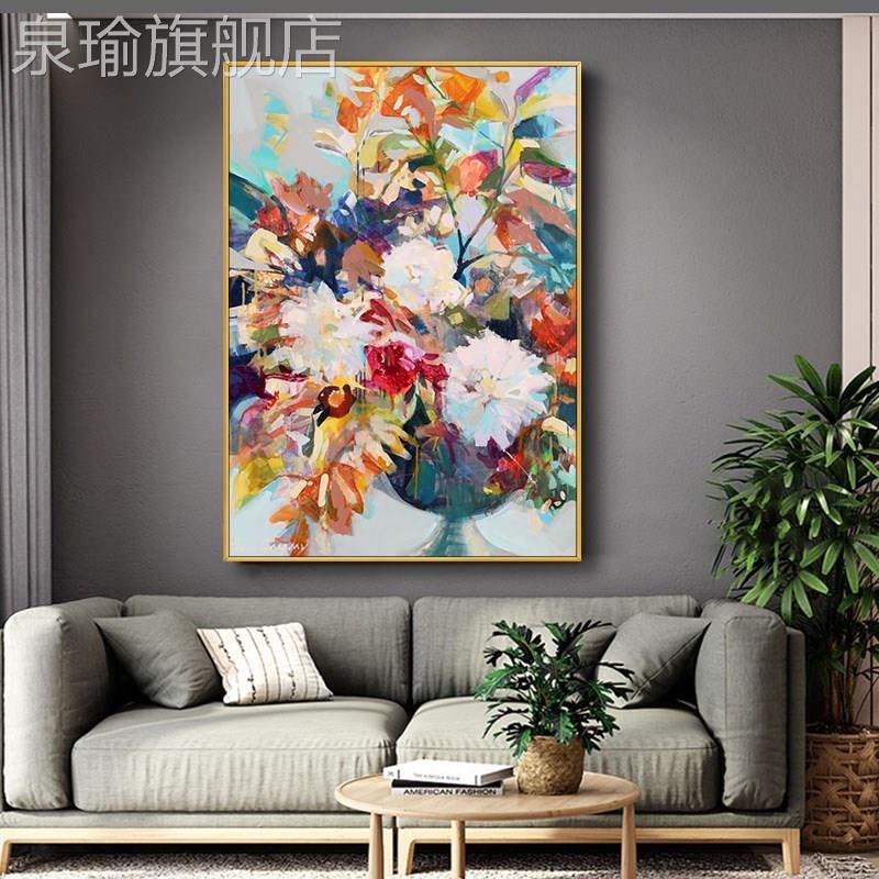 网红油画手绘玫画瑰牡丹花美式餐入厅挂奢卉玄关背景墙装饰画轻户图片