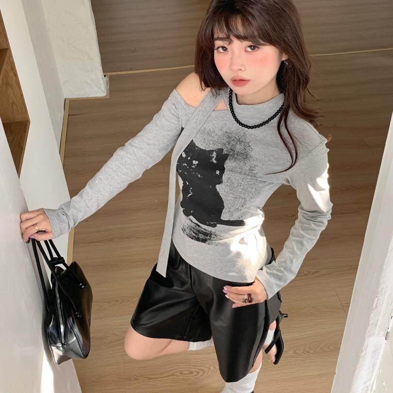 早春甜酷飘带挂脖长袖T恤女短款修身显瘦露肩上衣女