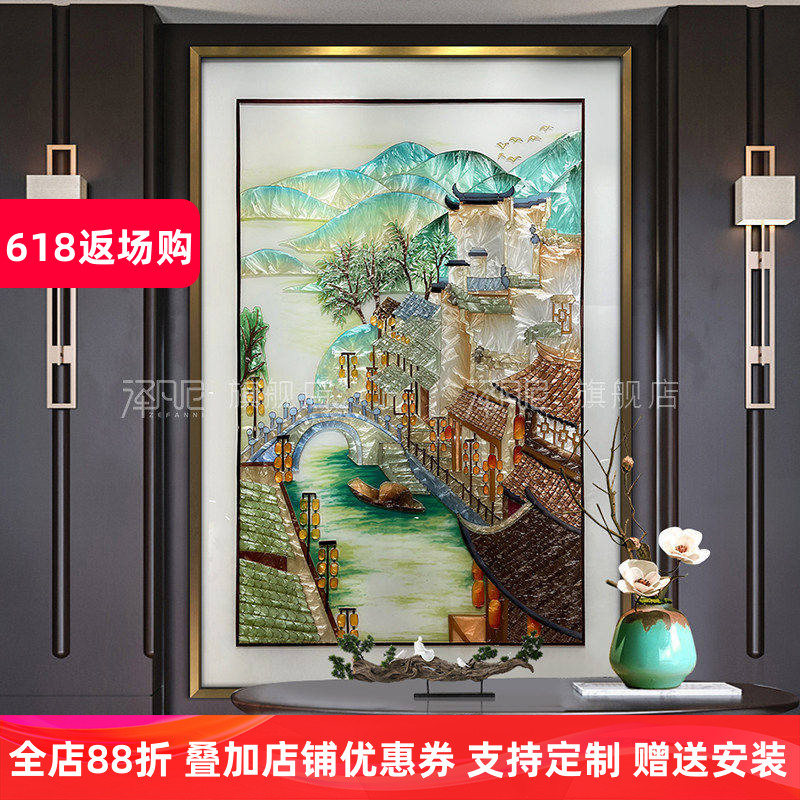 轻奢手绘珐瑯彩装饰画创意江南玄关走廊挂画中式入户饭厅风景壁画