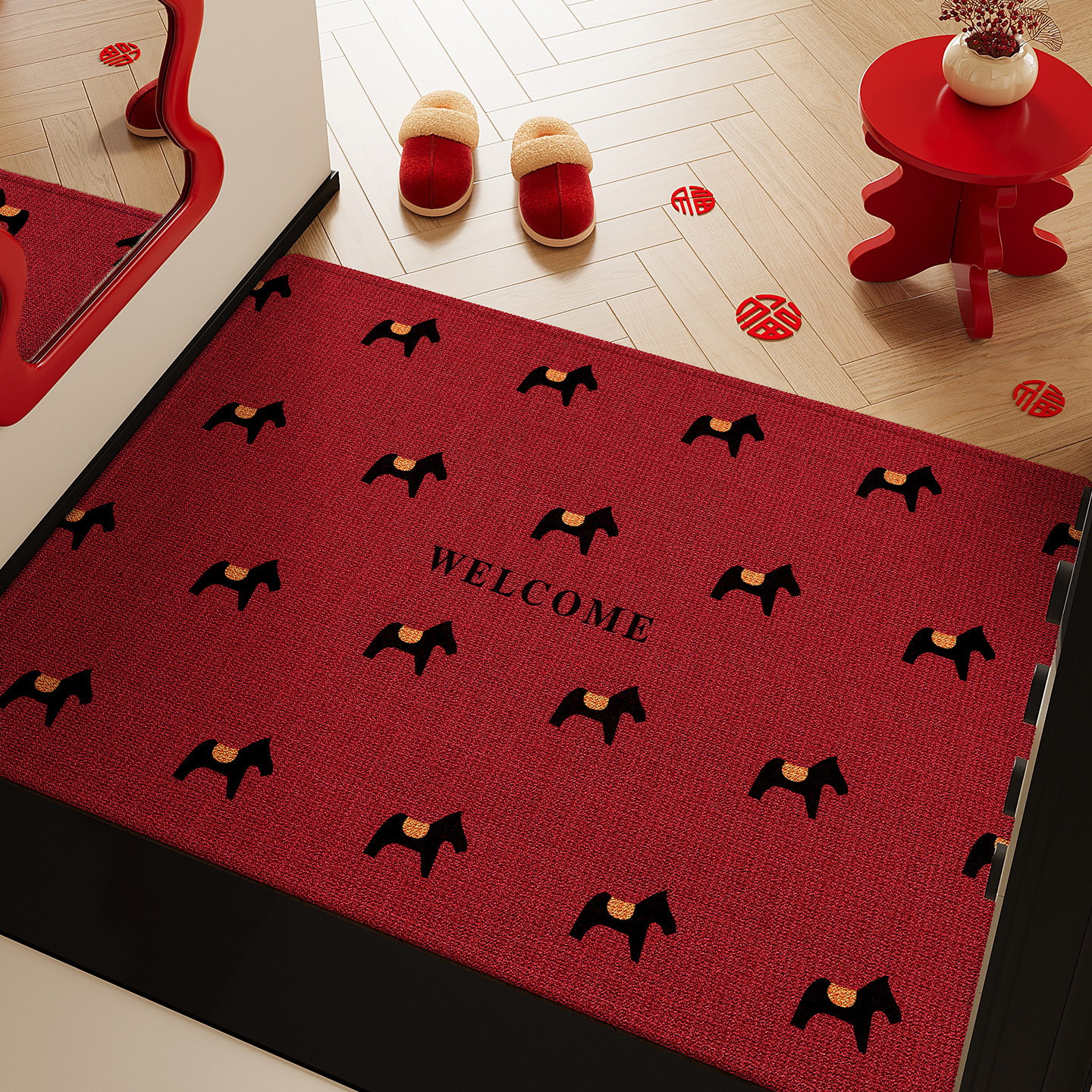 红色卡通马年入户地垫家用玄关门口防滑垫新款进门耐脏高级感地毯,居家布艺,入户地垫,淘宝优惠券,粉丝福利购,淘宝优惠卷