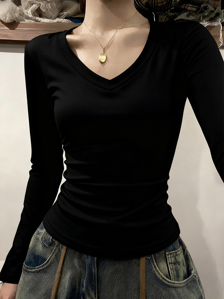 V领长袖t恤女秋冬季加绒内搭打底衫外穿大码胖mm修身显瘦正肩上衣