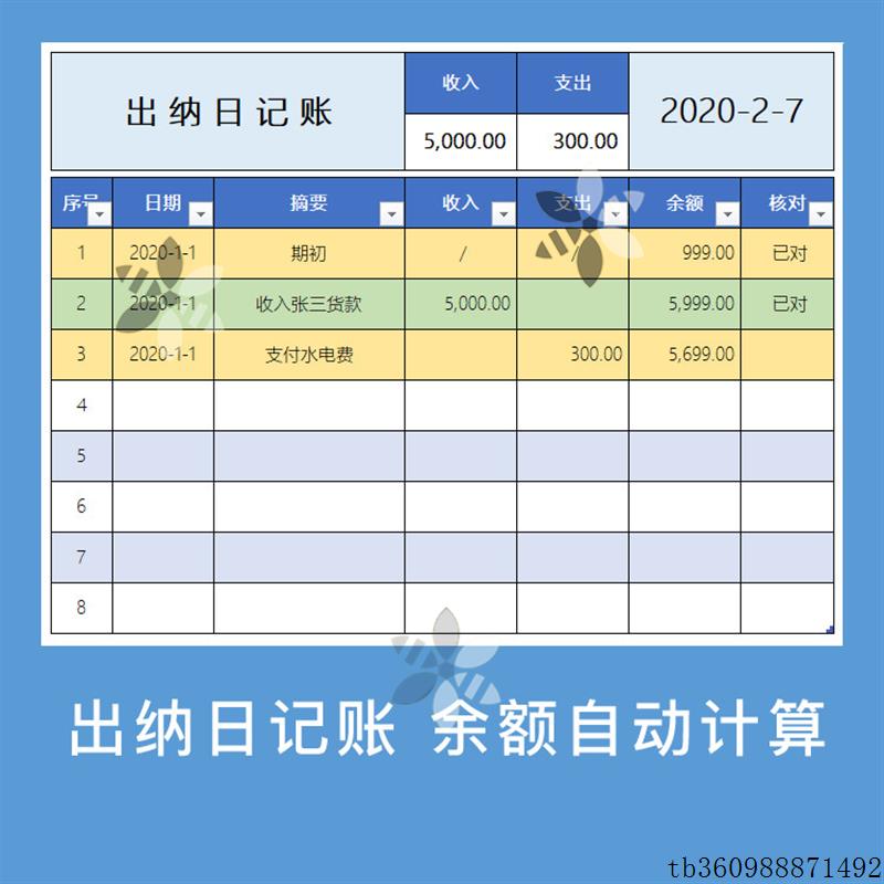 出纳日记账excel电子版收支样图/效果图销售