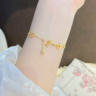 925纯银花蝶共舞手链新中式黄金色渐变珐琅花朵蝴蝶轻奢百搭手链