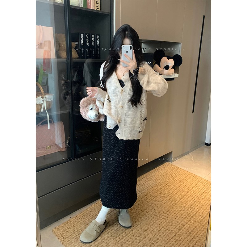 速发尚亚楠~带码碎花内搭背大背心连衣裙蝴蝶结针织毛衣外套